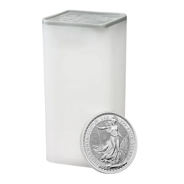 Britannische 1 Unze Silber Britannia des Jahres 2027. Die Motivseite zeigt Britannia mit Helm, Schild, Olivenzweig und Dreizack. Die Jubiläumsausgabe trägt das „30“ Wave Privy Mark und eine strukturierte Hintergrundgestaltung.