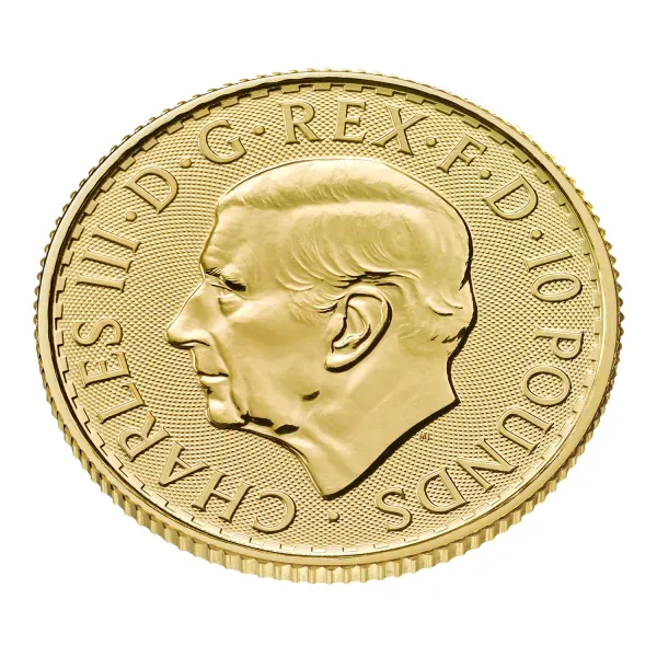 Britannische 1/10 Unze Gold Britannia des Jahres 2027. Die Motivseite zeigt Britannia mit Helm, Schild, Olivenzweig und Dreizack. Die Jubiläumsausgabe trägt das „40“ Wave Privy Mark und eine strukturierte Hintergrundgestaltung.