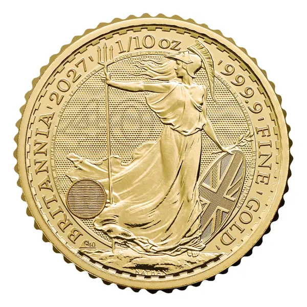 Britannische 1/10 Unze Gold Britannia des Jahres 2027. Die Motivseite zeigt Britannia mit Helm, Schild, Olivenzweig und Dreizack. Die Jubiläumsausgabe trägt das „40“ Wave Privy Mark und eine strukturierte Hintergrundgestaltung.