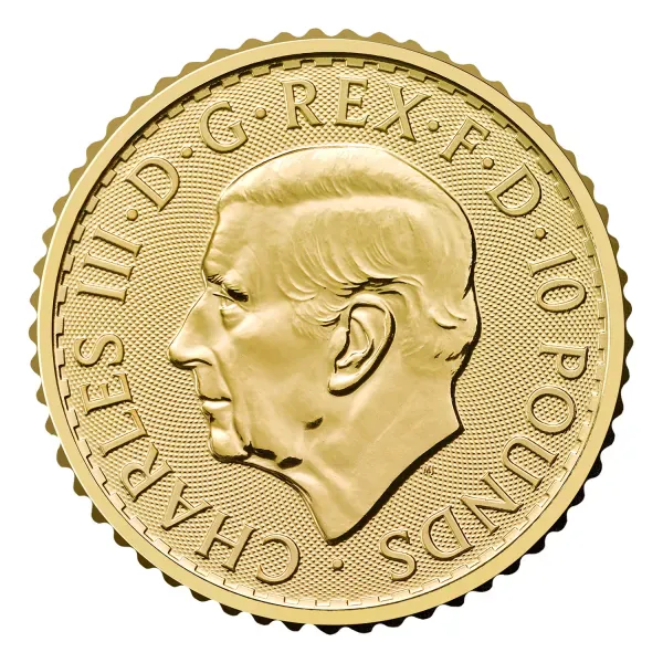 Britannische 1/10 Unze Gold Britannia des Jahres 2027. Die Motivseite zeigt Britannia mit Helm, Schild, Olivenzweig und Dreizack. Die Jubiläumsausgabe trägt das „40“ Wave Privy Mark und eine strukturierte Hintergrundgestaltung.
