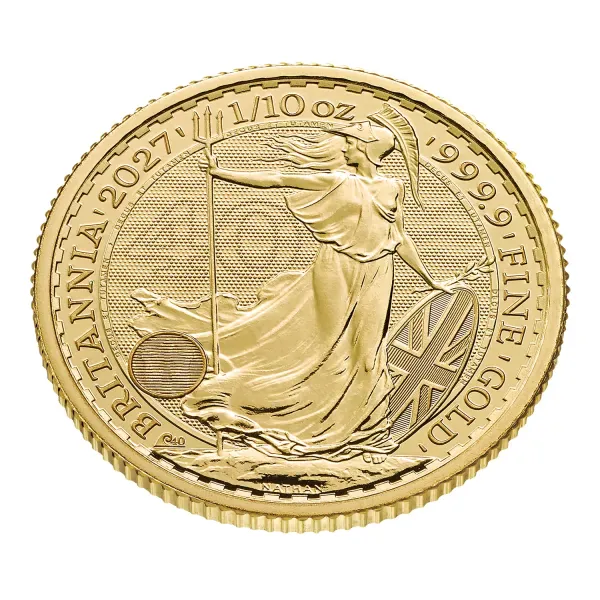 Britannische 1/10 Unze Gold Britannia des Jahres 2027. Die Motivseite zeigt Britannia mit Helm, Schild, Olivenzweig und Dreizack. Die Jubiläumsausgabe trägt das „40“ Wave Privy Mark und eine strukturierte Hintergrundgestaltung.