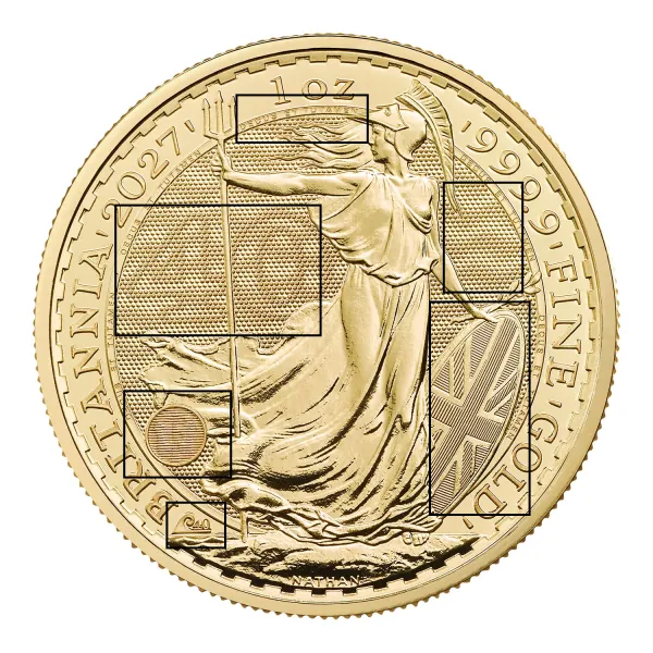 Britannische 1/10 Unze Gold Britannia des Jahres 2027. Die Motivseite zeigt Britannia mit Helm, Schild, Olivenzweig und Dreizack. Die Jubiläumsausgabe trägt das „40“ Wave Privy Mark und eine strukturierte Hintergrundgestaltung.