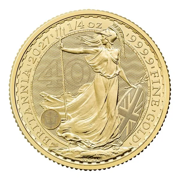 Britannische 1/4 Unze Gold Britannia des Jahres 2027. Die Motivseite zeigt Britannia mit Helm, Schild, Olivenzweig und Dreizack sowie das für 2027 vorgesehene „40“ Wave Privy Mark.