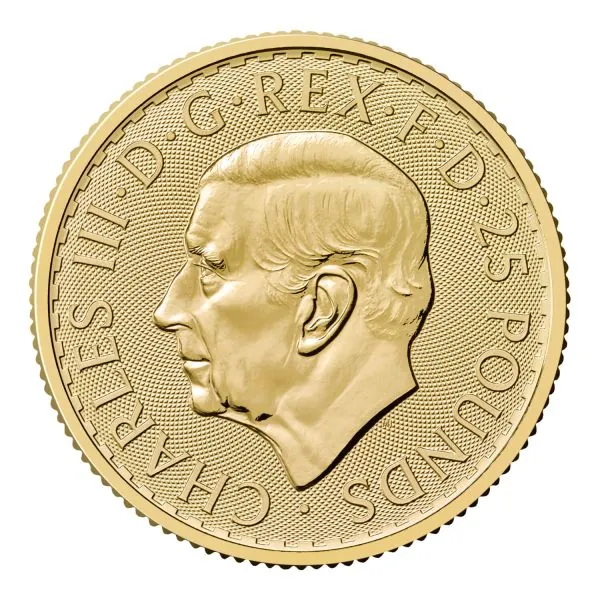 Britannische 1/4 Unze Gold Britannia des Jahres 2027. Die Motivseite zeigt Britannia mit Helm, Schild, Olivenzweig und Dreizack sowie das für 2027 vorgesehene „40“ Wave Privy Mark.