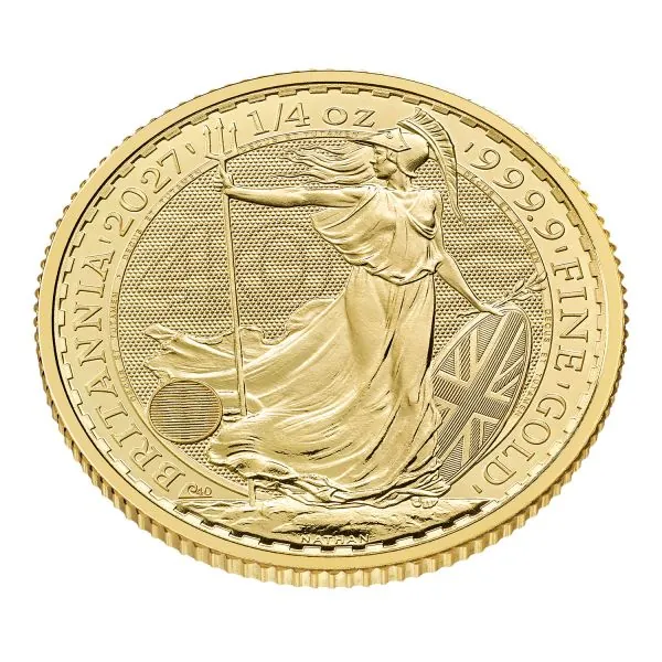 Britannische 1/4 Unze Gold Britannia des Jahres 2027. Die Motivseite zeigt Britannia mit Helm, Schild, Olivenzweig und Dreizack sowie das für 2027 vorgesehene „40“ Wave Privy Mark.