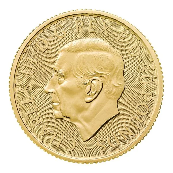 Britannische 1/2 Unze Gold Britannia des Jahres 2027. Die Motivseite zeigt Britannia mit Helm, Schild, Olivenzweig und Dreizack. Die Münze trägt das besondere „40“ Wave Privy Mark der Jubiläumsausgabe.