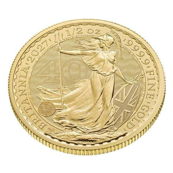Britannische 1/2 Unze Gold Britannia des Jahres 2027. Die Motivseite zeigt Britannia mit Helm, Schild, Olivenzweig und Dreizack. Die Münze trägt das besondere „40“ Wave Privy Mark der Jubiläumsausgabe.