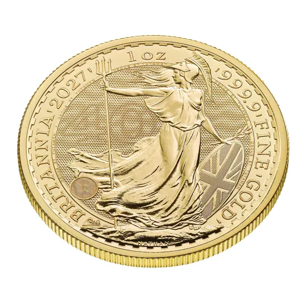 Britannische 1 Unze Gold Britannia des Jahres 2027. Die Motivseite zeigt Britannia mit Helm, Schild, Olivenzweig und Dreizack. Die Jubiläumsausgabe trägt das „40“ Wave Privy Mark und eine strukturierte Hintergrundgestaltung.