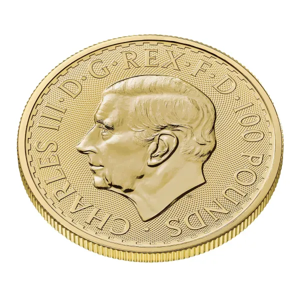 Britannische 1 Unze Gold Britannia des Jahres 2027. Die Motivseite zeigt Britannia mit Helm, Schild, Olivenzweig und Dreizack. Die Jubiläumsausgabe trägt das „40“ Wave Privy Mark und eine strukturierte Hintergrundgestaltung.