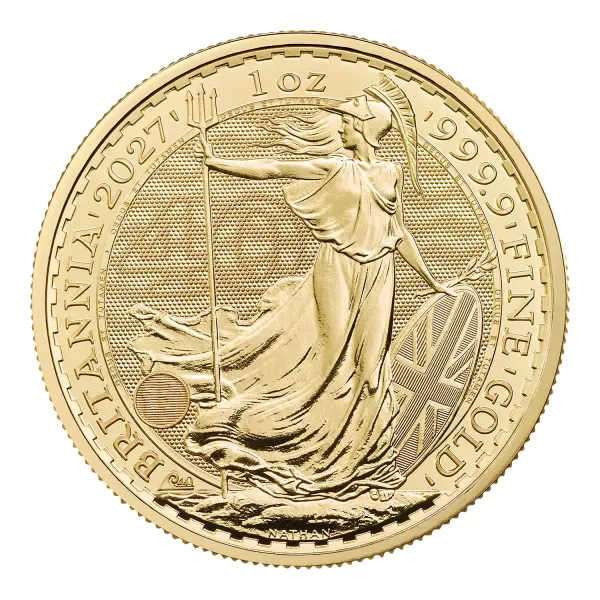 Britannische 1 Unze Gold Britannia des Jahres 2027. Die Motivseite zeigt Britannia mit Helm, Schild, Olivenzweig und Dreizack. Die Jubiläumsausgabe trägt das „40“ Wave Privy Mark und eine strukturierte Hintergrundgestaltung.