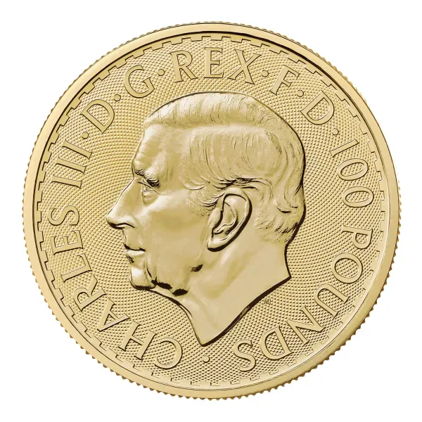 Britannische 1 Unze Gold Britannia des Jahres 2027. Die Motivseite zeigt Britannia mit Helm, Schild, Olivenzweig und Dreizack. Die Jubiläumsausgabe trägt das „40“ Wave Privy Mark und eine strukturierte Hintergrundgestaltung.