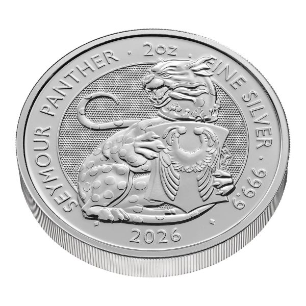 Britische 2 Unzen Silbermünze aus dem Jahr 2026 aus der Royal Tudor Beasts Bullion Collection. Die Motivseite zeigt den Seymour Panther mit einem Schild mit den Seymour Flügeln. Die Münze besteht aus 999,9/1000 Feinsilber.
