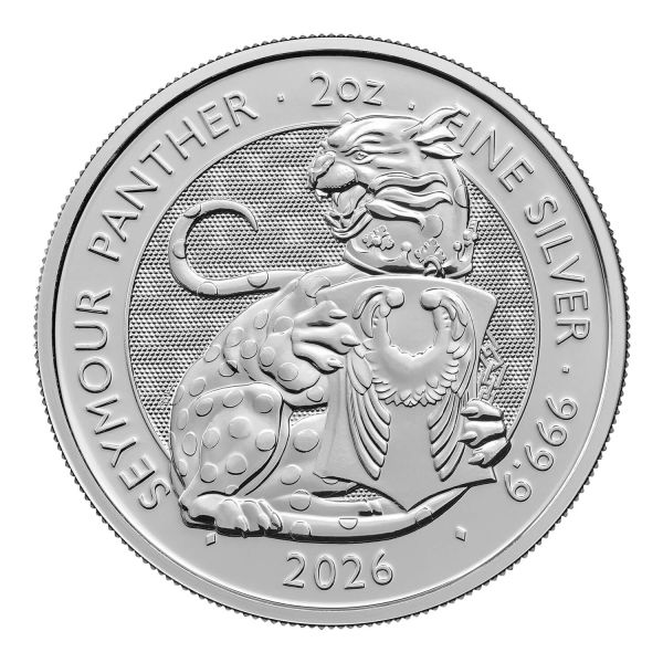 Britische 2 Unzen Silbermünze aus dem Jahr 2026 aus der Royal Tudor Beasts Bullion Collection. Die Motivseite zeigt den Seymour Panther mit einem Schild mit den Seymour Flügeln. Die Münze besteht aus 999,9/1000 Feinsilber.
