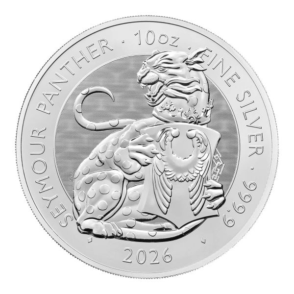 Britische 10 Unzen Silbermünze aus dem Jahr 2026 aus der Royal Tudor Beasts Bullion Collection. Die Motivseite zeigt den Seymour Panther mit einem Schild mit den Seymour Flügeln. Die Münze besteht aus 999,9/1000 Feinsilber.