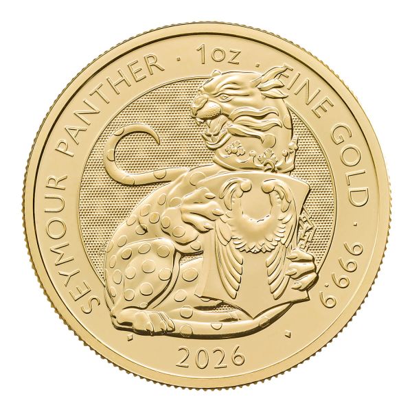 Britische 1 Unze Goldmünze aus dem Jahr 2026 aus der Royal Tudor Beasts Bullion Collection. Die Motivseite zeigt den Seymour Panther mit einem Schild mit den Seymour Flügeln. Die Münze besteht aus 999,9/1000 Feingold.