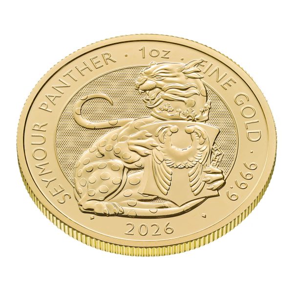 Britische 1 Unze Goldmünze aus dem Jahr 2026 aus der Royal Tudor Beasts Bullion Collection. Die Motivseite zeigt den Seymour Panther mit einem Schild mit den Seymour Flügeln. Die Münze besteht aus 999,9/1000 Feingold.