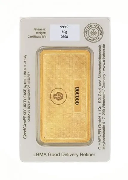50 Gramm Goldbarren C.HAFNER geprägt in Blister mit Seriennummer