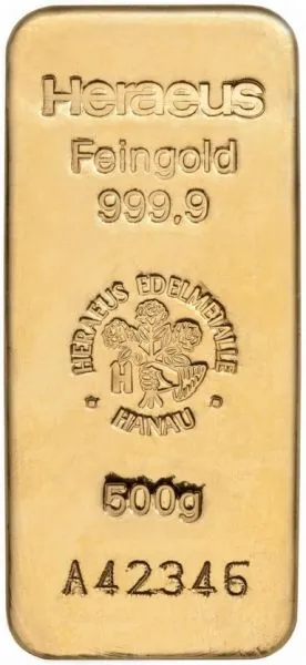 500 Gramm Goldbarren Heraeus mit Seriennummer