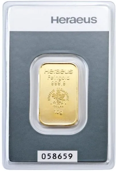 10 Gramm Goldbarren Heraeus in Blister mit Seriennummer