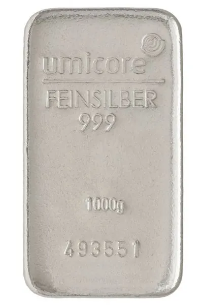 1000-Gramm---1-Kilo-Silberbarren-Umicore-mit-leichter-Patina