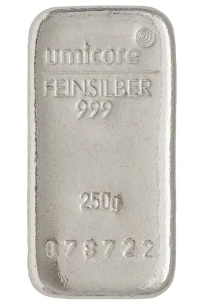 250 Gramm Silberbarren Umicore mit Seriennummer