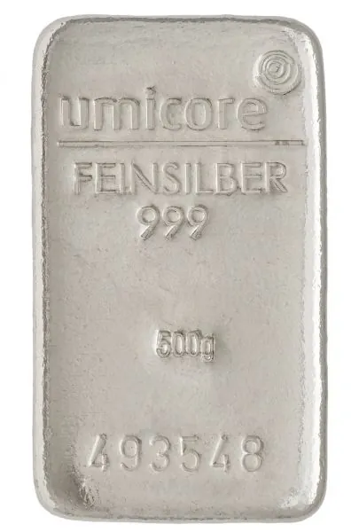 500 Gramm Silberbarren Umicore mit Seriennummer
