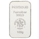 100 Gramm Silberbarren Heraeus – Neuware, geprägt im Blister, LBMA-zertifiziert