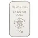 100 Gramm Silberbarren Heraeus – Neuware, geprägt im Blister, LBMA-zertifiziert