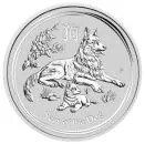 10 Unzen Silbermünze Australien 2018 aus der Lunar Serie II mit dem Motiv eines Hundes. Auf der Münzseite sind der Hund, das chinesische Schriftzeichen und die Bezeichnung „YEAR OF THE DOG“ zu sehen.