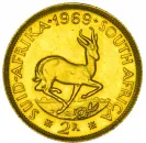 Südafrika 2 Rand Goldmünze, Vorderseite mit Porträt von Jan van Riebeeck, Rückseite mit südafrikanischem Staatswappen; goldfarbene Kurantmünze aus 22-Karat-Gold.