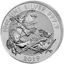 10 Unzen Silbermünze Großbritannien 2019 „The Valiant“ mit dem Motiv von St. George zu Pferd im Kampf mit einem Drachen.