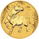 1/2 Unze Goldmünze Australien 2021 Lunar Serie 3 mit Motiv Ochse aus 999,9 Feingold, Wertseite mit Porträt von Königin Elizabeth II.
