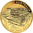 „Goldmünze 1 Unze Australien 2021 mit dem Motiv der Super Pit Goldmine, geprägt von der Perth Mint, Vorderseite mit Queen Elizabeth II, Rückseite zeigt die offene Mine in feiner Detailarbeit.“