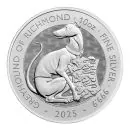 Zweiseitige 10-Unzen-Silbermünze mit dem Greyhound of Richmond – dargestellt als majestätischer Windhund mit Schild – auf der Motivseite. Rückseite zeigt das offizielle Porträt von König Charles III., inklusive Prägejahr, Nominalwert und Feingehalt.