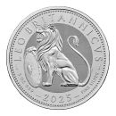 Großformatige Silbermünze mit kraftvollem Wappenmotiv des British Lion auf der Vorderseite, Rückseite mit Porträt von König Charles III., Ausgabejahr 2025 und Angaben zu Feingehalt und Gewicht.