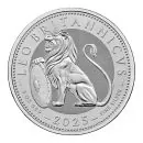 Großformatige Silbermünze mit kraftvollem Wappenmotiv des British Lion auf der Vorderseite, Rückseite mit Porträt von König Charles III., Ausgabejahr 2025 und Angaben zu Feingehalt und Gewicht.