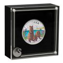 Farbenfrohe Silbermünze 2025 mit Quokka-Motiv, geliefert in Etui mit Zertifikat und Umverpackung. Ausgabe der Perth Mint, 1 Unze Feinsilber, weltweit limitiert auf 3.000 Stück.