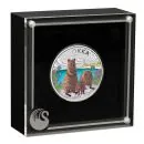 Farbenfrohe Silbermünze 2025 mit Quokka-Motiv, geliefert in Etui mit Zertifikat und Umverpackung. Ausgabe der Perth Mint, 1 Unze Feinsilber, weltweit limitiert auf 3.000 Stück.