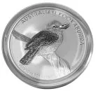 Australische 10-Unzen-Silbermünze Kookaburra 2010 mit Vogelmotiv auf Zaunpfahl, geprägt von der Perth Mint.