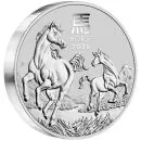 „1 Kilo Silbermünze Australien 2026 Lunar Serie III mit Pferd-Motiv, geprägt von der Perth Mint, Vorderseite mit Königinnenportrait, Rückseite mit detailreicher Darstellung eines Pferdes.“