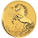 „1 Unze Goldmünze Australien 2026 Lunar Serie III mit Pferd-Motiv, geprägt von der Perth Mint, Vorderseite mit Porträt von König Charles III., Rückseite mit detailreicher Darstellung eines Pferdes.“