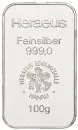 Rechteckiger 100 g Silberbarren von Argor-Heraeus, geprägt mit Logo, Gewichts- und Feinheitsangabe 999,9 Feinsilber.