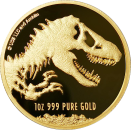 Unze Goldmünze Niue 2021 Jurassic World™, Vorderseite mit Porträt von Königin Elizabeth II., Rückseite mit detailreichem T-Rex-Skelett, Proof-Qualität, weltweit auf 100 Stück limitiert.