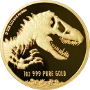Unze Goldmünze Niue 2021 Jurassic World™, Vorderseite mit Porträt von Königin Elizabeth II., Rückseite mit detailreichem T-Rex-Skelett, Proof-Qualität, weltweit auf 100 Stück limitiert.