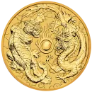 1 Unze Goldmünze Australien 2019 – Drache & Tiger, geprägt von der Perth Mint, Vorderseite mit Porträt von Königin Elizabeth II., Rückseite mit detailreicher Darstellung von Drache und Tiger