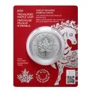 1 Unze Silbermünze Kanada 2026 Maple Leaf im Blister der Royal Canadian Mint, Vorderseite mit Porträt von König Charles III., Rückseite mit klassischem Ahornblatt und Privy-Mark ‚Year of the Horse‘, geprägt in 999,9 Feinsilber mit Radiallinien und Micro-E