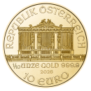 1/10 Unze Goldmünze Österreich 2026 Wiener Philharmoniker mit Instrumentenmotiv des Orchesters, geprägt von der Münze Österreich, Wertseite mit Orgelmotiv und Euro-Nennwert.