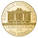 1 Unze Goldmünze Österreich 2026 Wiener Philharmoniker mit Instrumentenmotiv des Orchesters, geprägt von der Münze Österreich, Wertseite mit Orgelmotiv und Euro-Nennwert.