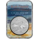 1 oz Silbermünze Australien 2025 der Royal Australian Mint im Blister. Vorderseite mit modern gestaltetem Känguru im Bush-Capital-Motiv, Rückseite mit Porträt von König Charles III., Präsentation im farbigen Blisterkarton.