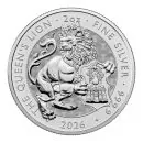 „Silbermünze 2026 aus Großbritannien mit dem Motiv ‚The Queen’s Lion‘. Majestätischer Löwe in detailreicher Prägung, 2-Unzen-Format, glatter Rand, hochwertige Silberoberfläche.“